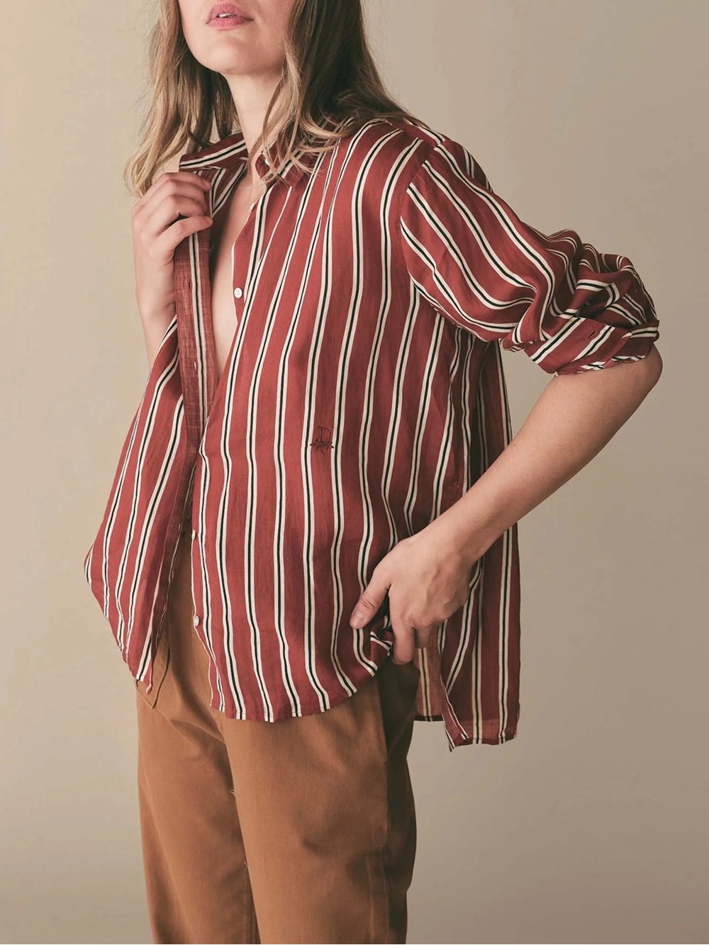 Doen Hava Button Down Top in Monaco Stripe Red Fall Autumn